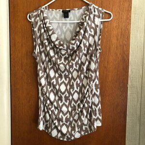 Ann Taylor, White & Taupe, Ikat print, sleeveless blouse, ruched waist, Sz: S